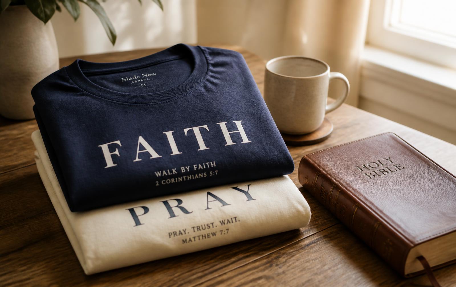 Folded Scripture-inspired shirts beside a Bible and mug on a wooden table