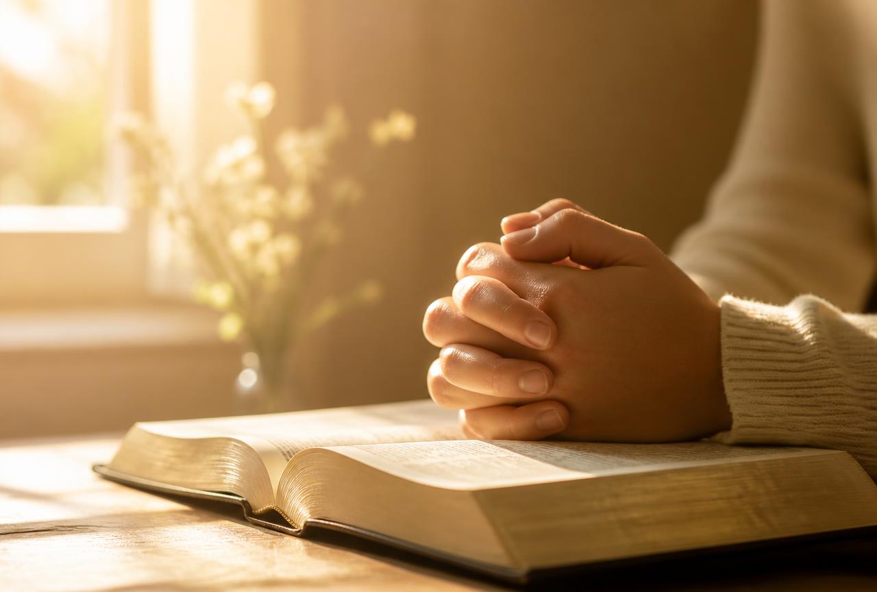 Folded hands resting on an open Bible in warm morning light